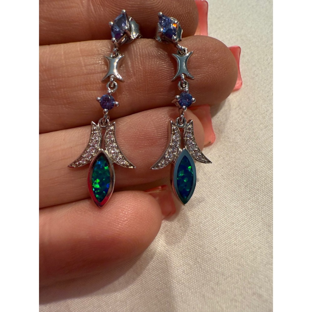 Sterling Silver Opal Dangle Earrings‎ Purple Tanzanite CZ Accents